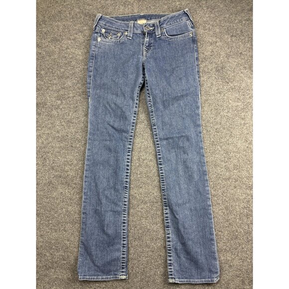 True Religion Jeans Womens 28 Blue Straight Leg Made USA Embroidered Pockets - Picture 1 of 9